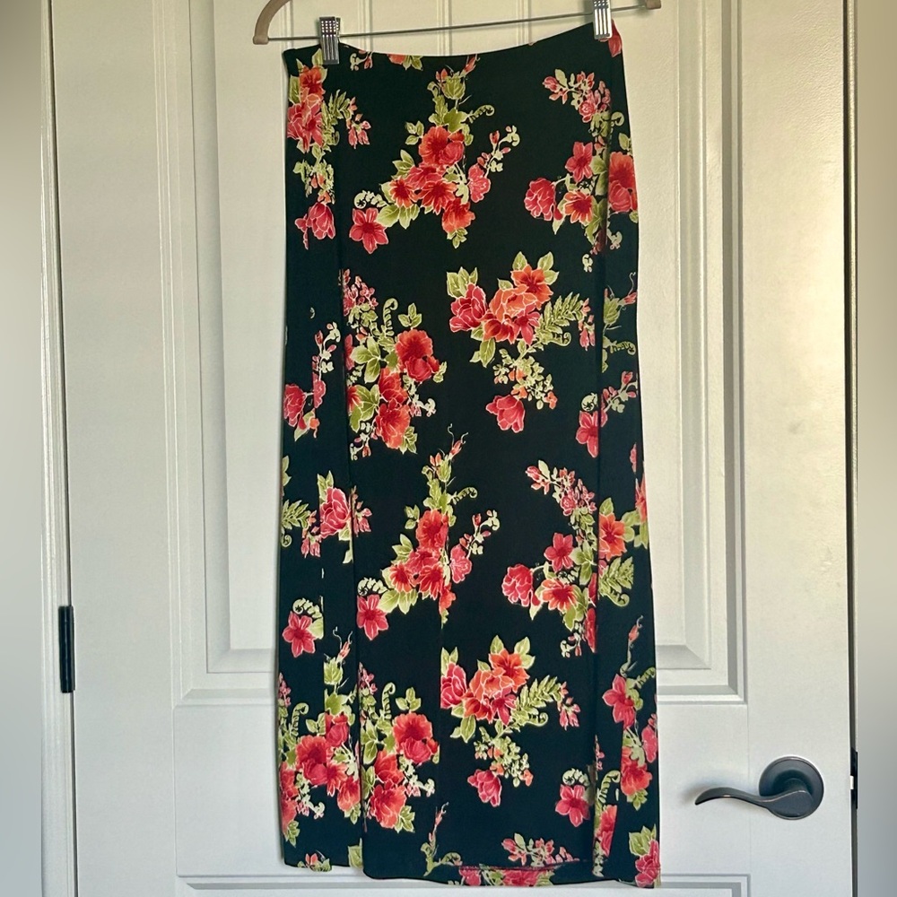 Coldwater Creek Black Maxi Skirt with Bright Floral Print